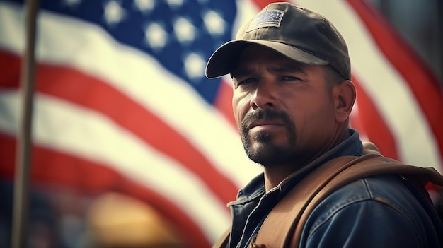 Photo united in labor and patriotism worker with us flag background