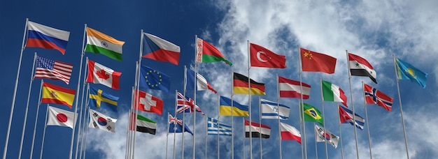 Фото Соединенные штаты америкиукраина россияевропа союзпольшаанглиягерманиябразилияканадашвецияяпонияафрика волна флаг все международные страны глобальный мир развевающийся флаг на голубом небе3d рендеринг