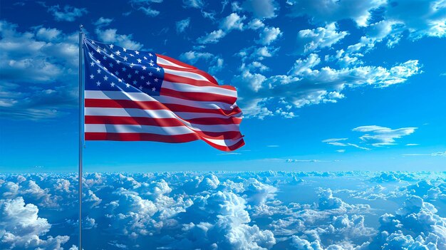 United States of America flag waving in the blue sky