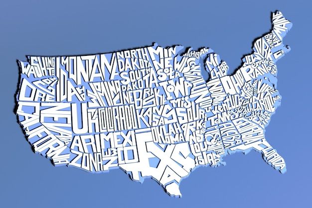 Foto stati uniti d'america geografia mappa lettere bianche 3d render di caratteri usa territorio