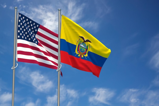 Photo united states of america and republic of ecuador flags over blue sky background 3d illustration