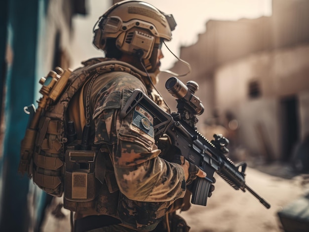 Photo united states army special forces soldier in uniform and helmet with assault rifle created with generative ai technology