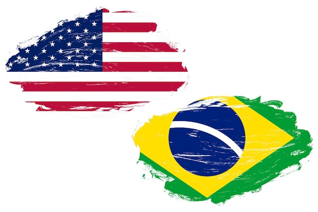 United states and brazil flag together on a white stroke brush background