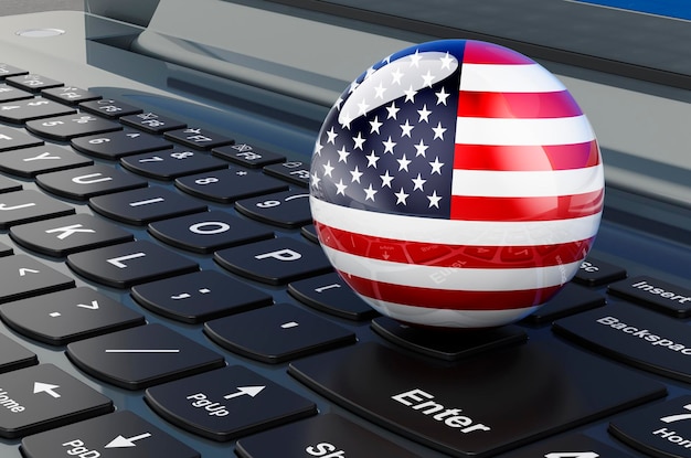 The United States flag on laptop keyboard Online business education shopping in the USA concept 3D rendering