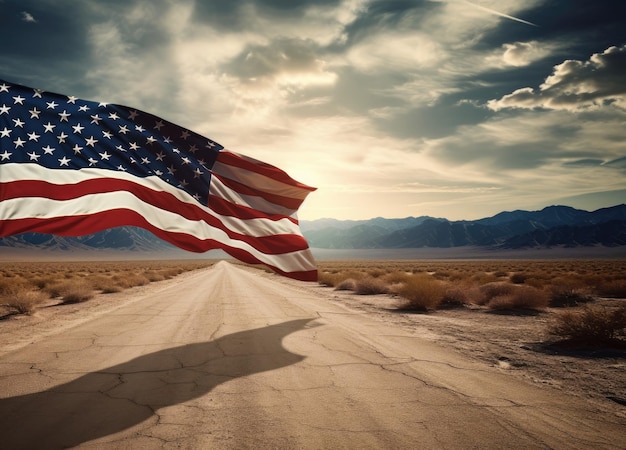 United States flag and road through the American desert