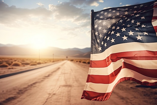 United States flag and road through the American desert