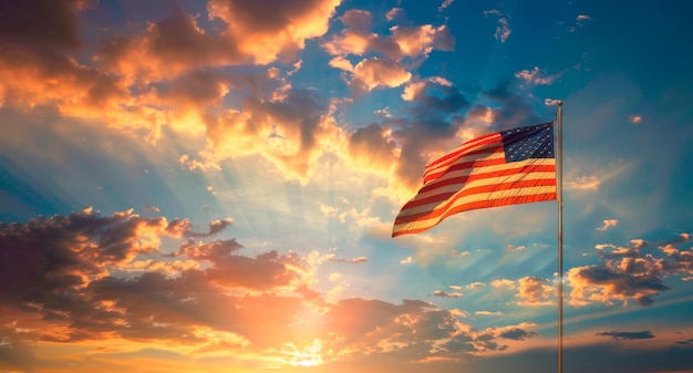 사진 해가 뜨는 아름다운 하늘에서 흔들리는 미국 발 7월 4일 독립기념일 복사 공간