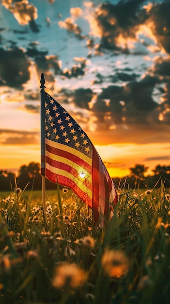 United States Flag Waving Sunset with Cloudy Sky