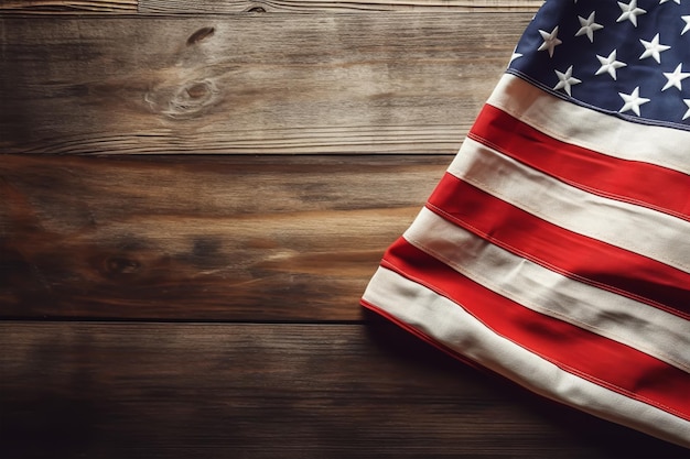 United States Flag On Wooden Background closeup with copy space