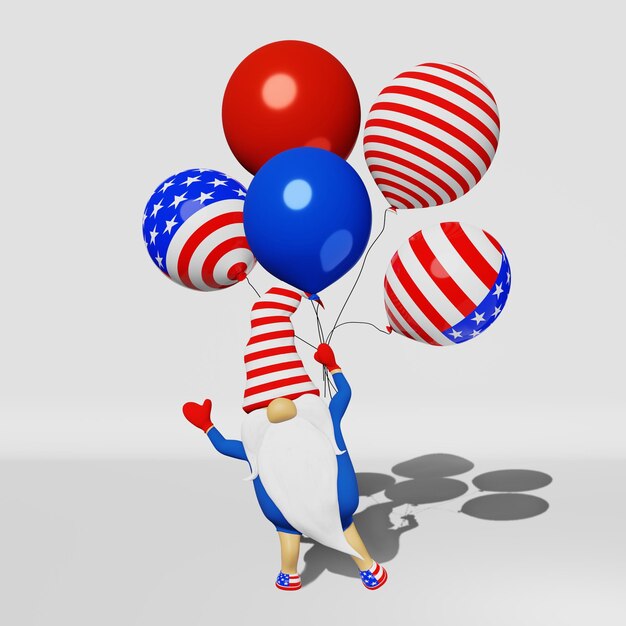 Photo united states independence day gnome balloons 3d rendering 4th of july national usa flag greeting card labor day banner