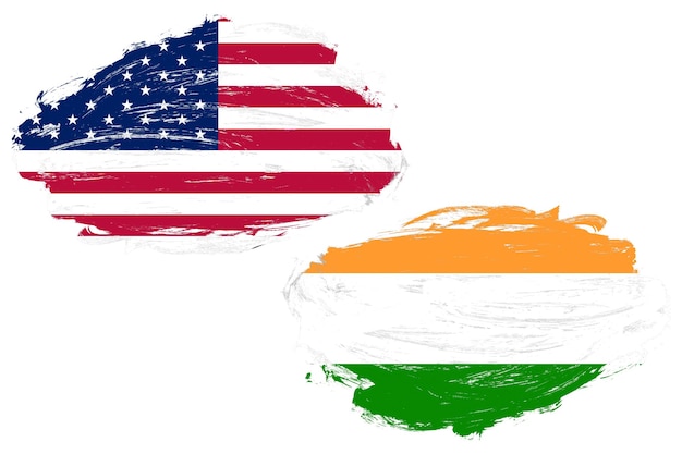 United states and india flag together on a white stroke brush background