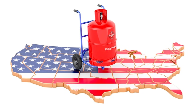 The United States map with propane gas cylinder on hand truck Gas Delivery Service in the USA concept 3D rendering