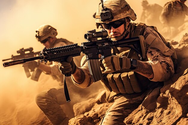 United states marine corps special forces soldiers in action during a mission united states marine corps special forces soldiers in action during a desert mission ai generated