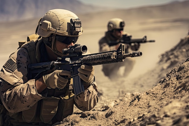 United States Navy special forces soldier with assault rifle in the desert United States Marine Corps Special forces soldiers in action during a desert mission AI Generated