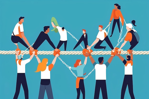 Unity in Action Team Pulling Together on a Rope Flat Style Vector Illustration