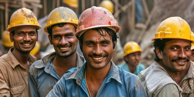 Photo unity in construction indian workers at work collaborative indian labor joyful indian builders on white background