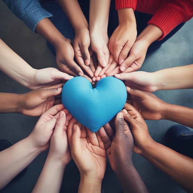 Foto unità e diversità partnership come le mani del cuore in un gruppo di persone diverse collegate insieme