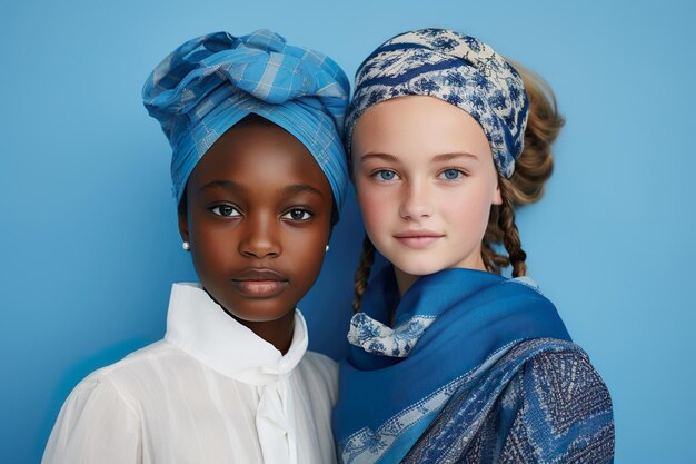 Foto unità nella diversità ritratto di due ragazze di culture diverse su uno sfondo blu