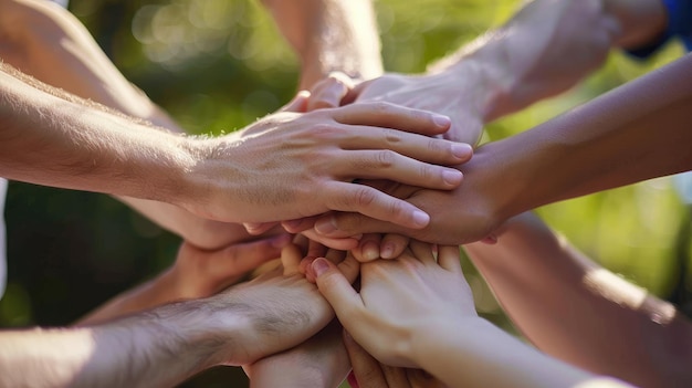 Unity flourishes as hands stack embodying teamworks power