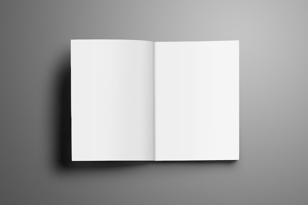 Universal blank opened A4, (A5) magazine with soft realistic shadows isolated on gray surface. Brochure opened on the first page and can be used for your showcase.