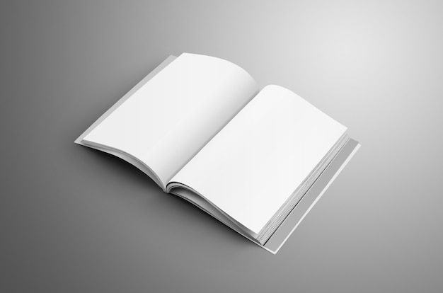 Universal blank opened A4, (A5) magazine with soft realistic shadows isolated on gray surface.