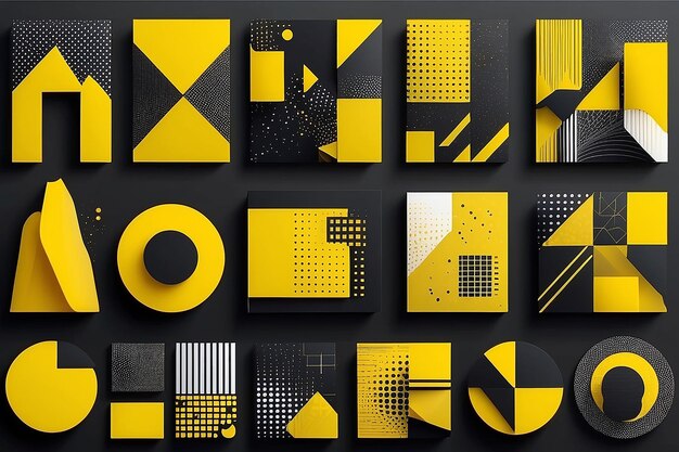 Photo universal trend halftone geometric shapes set juxtaposed with bright bold yellow elements composition