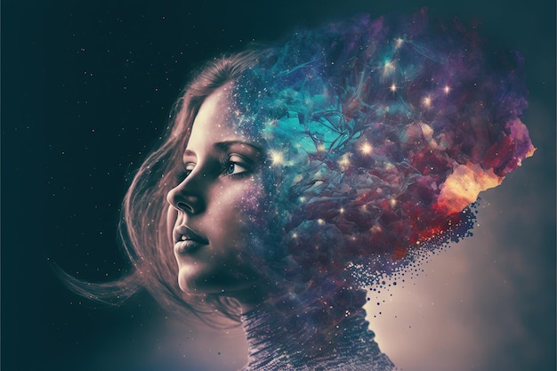 Universe and galaxy inside woman brain double exposure meditative mind