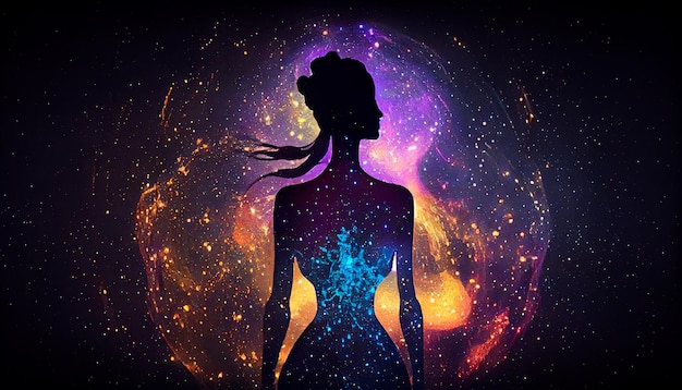 Вселенная мета человеческий силуэт духа богини на космическом фоне галактики новое качество красочные духовные изображения иллюстрации дизайн обоев Generative Ai