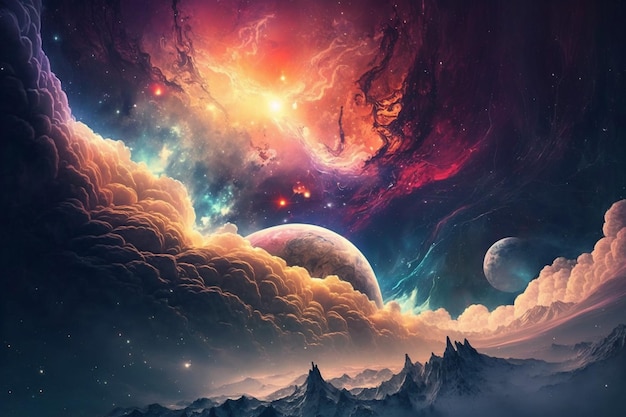 Вселенная сцена с планетами, горами, звездами и галактиками в космическом пространстве, демонстрирующая красоту освоения космоса. Художественные обои. Изображение создано AI.