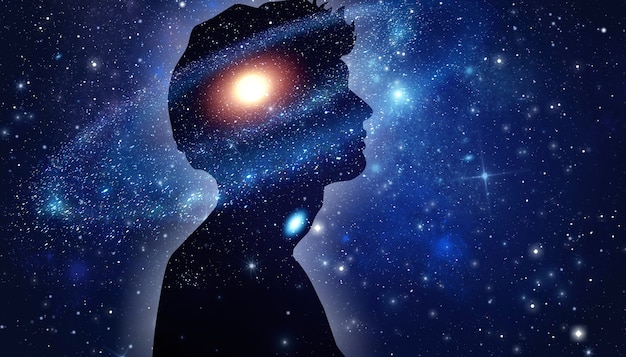 The universe within. Silhouette of a man inside the universe.