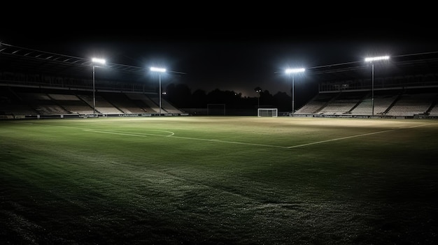 Universeel grasstadion verlicht door schijnwerpers en lege groene grasspeeltuin generatieve ai