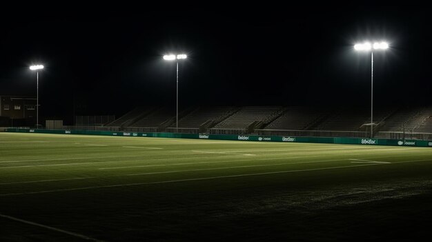 Universeel grasstadion verlicht door schijnwerpers en lege groene grasspeeltuin generatieve ai