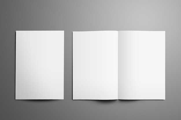 Foto universele tempalte met twee witte a4 a5 tweevoudige brochures met realistische schaduwen geïsoleerd