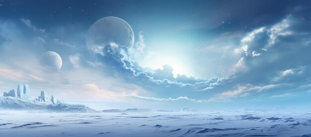 Universes Fantasy A Celestial Landscape of Snowy Mountains and Glowing Alien Worlds