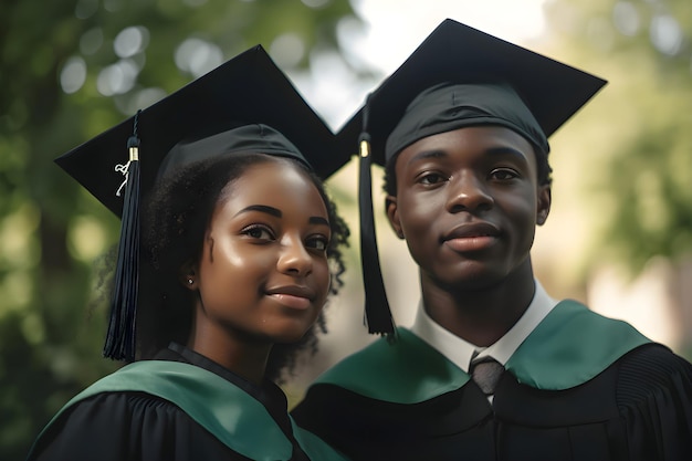 Universitair afgestudeerden in afstuderen caps Afro-Amerikaanse jongen en meisje glimlachend generatieve AI 5