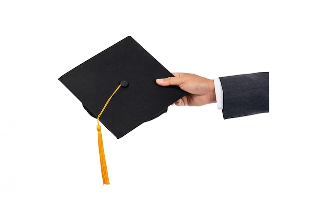 University graduates hold a black hat, golden yellow tassels