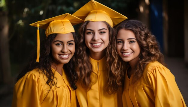 University graduation celebration Group photo of happy joyful diverse multiracial college or university graduate students friends wearing yellow graduation hats and dresses