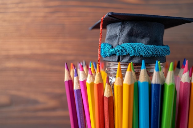 University milestone Colorful pencils with graduation hat education concept