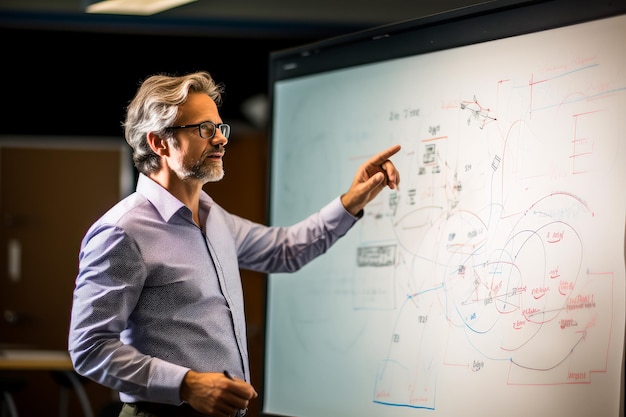 A university professor lecturing in a lecture hall using a whiteboard to explain complex concepts