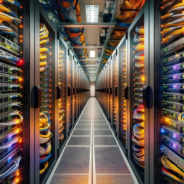 University research computing cluster densely packed racks with colorful cabling