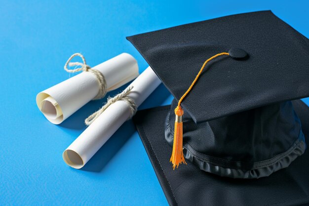 Photo university student cap mortar board and diploma