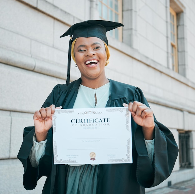 University student graduation certificate or portrait of black woman excited for school success college education or degree Pride diploma or African student smile for learning achievement in city