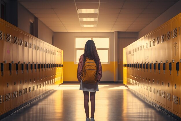 Photo university student walks on hallway with modern yellow row of lockers on the wall generative ai