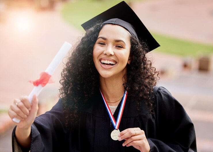 Photo university winner woman portrait and graduate degree with school achievement outdoor with medal female person education certificate and campus with college and happiness from study success