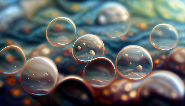 Universum grote waterbellen op zee met zandkorrels erin