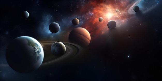 Universumscène met planeten, sterren en sterrenstelsels in de ruimte die AI heeft gegenereerd