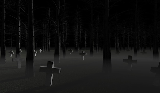 Unknown Cemetery with Grave Stones on a dark Forest with fog at night