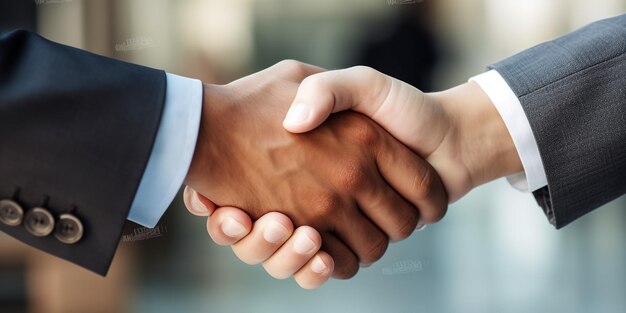 Unknown diverse business people are shaking hands finishing contract signing in sunny office close