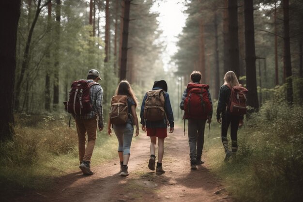 unknown group of friends walking in forest with backpacks