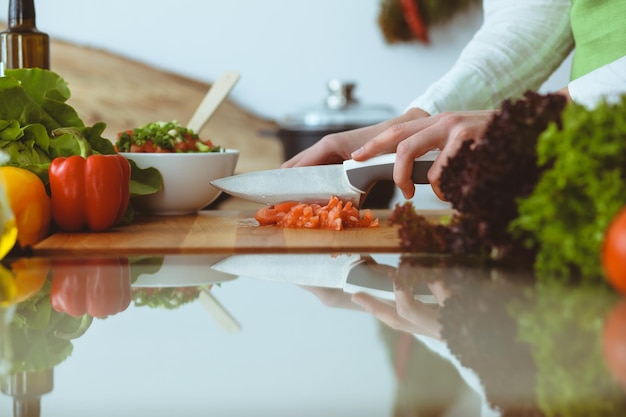 Unknown human hands cooking in kitchen. Woman slicing red tomatoes. Healthy meal, and vegetarian food concept.